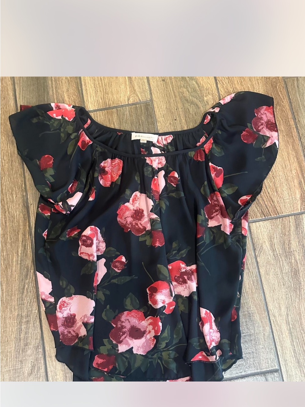Philosophy Floral Black Puff Sleeve Top with Pink & Red Roses
